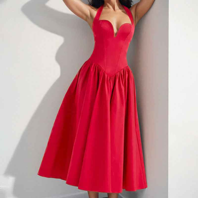 Women's Elegant A-Line Midi Dress – Satin Look Halter Neck with Open Back Red