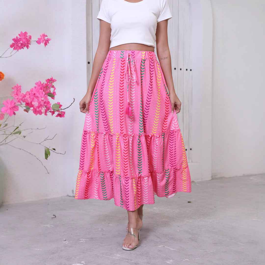 Women's Flowing Maxi Skirt - Cotton Layered Design with Drawstring Waist Pink