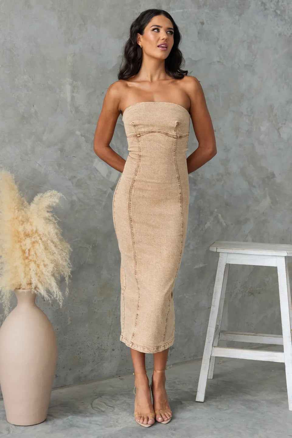 Women's Slim Fit Midi Denim Dress – Strapless with Structured Panels