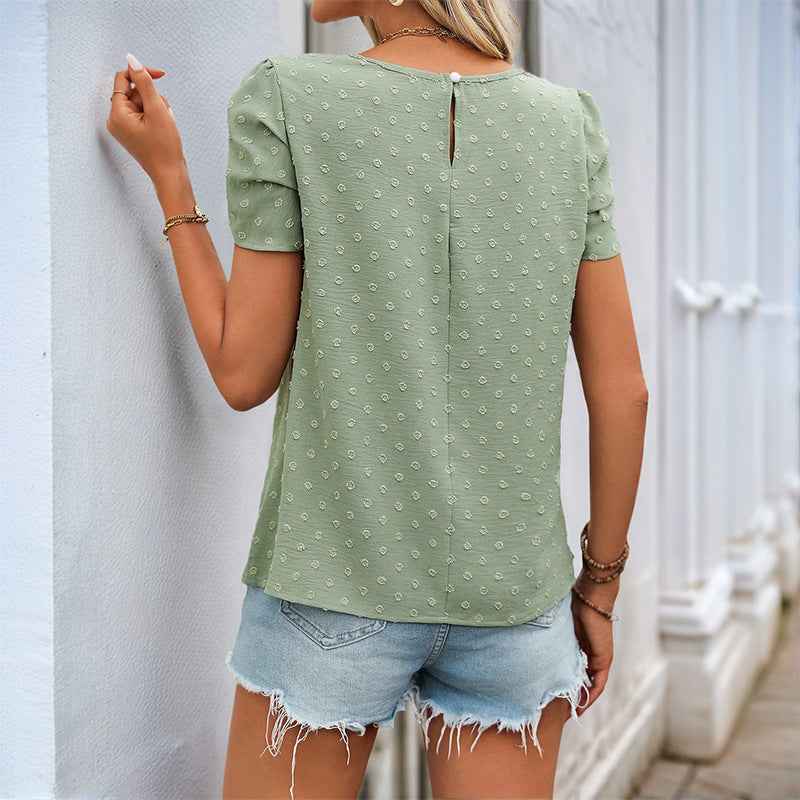 Women's Relaxed Fit Blouse with Jacquard Texture and Ruched Sleeves