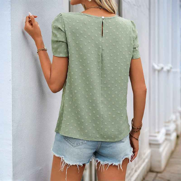 Women's Relaxed Fit Blouse with Jacquard Texture and Ruched Sleeves