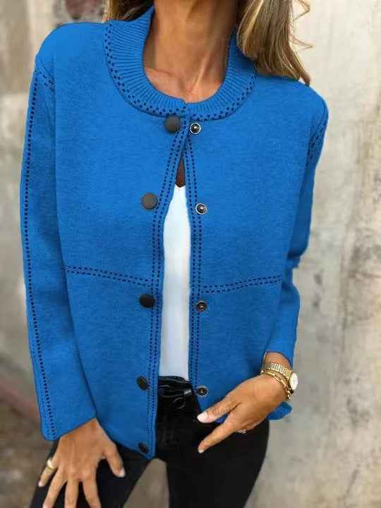 Women's Loose Fit Knitted Cardigan with Button Closure and Ribbed Details Blue