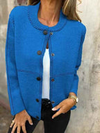 Women's Loose Fit Knitted Cardigan with Button Closure and Ribbed Details Blue