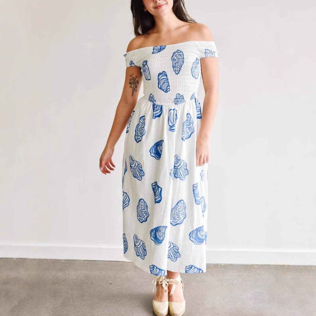 Women's A-Line Midi Dress – Off-Shoulder Smock Top – Cotton Blend – Shell Print Blue