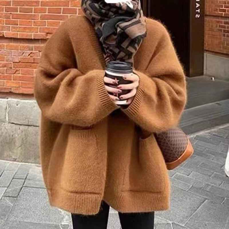 Women's Oversized Mohair Blend Cardigan – Deep V-Neck, Pockets & Ribbed Edges Brown One Size