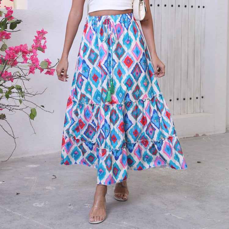 Women's Flowing Maxi Skirt - Cotton Layered Design with Drawstring Waist Blue