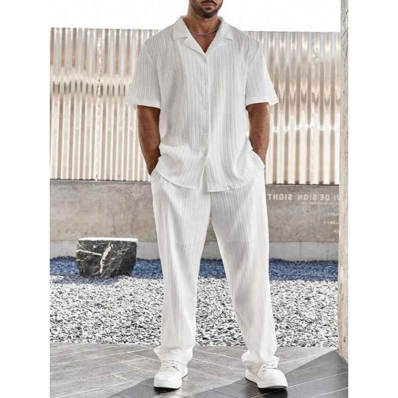 Men's Casual Short Sleeve Shirt & Straight Pants Set – Breathable Comfort White