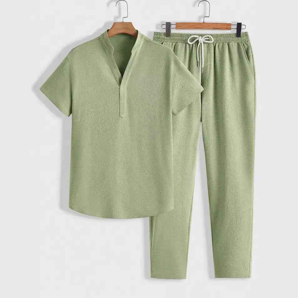 Men's Breathable Tracksuit Set – V-Neck Top & Drawstring Pants – Relaxed Fit Grass Green
