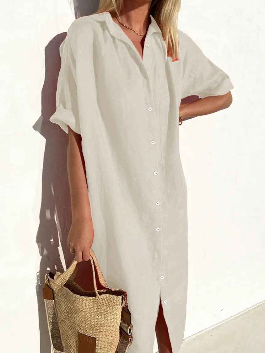 Women's Relaxed Fit Linen Cotton Shirt Dress - Short Sleeve with Button Closure Apricot