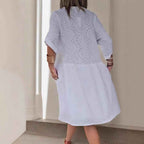 Women's A-Line Midi Dress - Cotton, Embroidered, V-Neck with Buttons