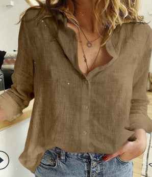 Women's Loose Fit Blouse - Breathable Linen Blend - 3/4 Sleeve - Classic Collar Brown