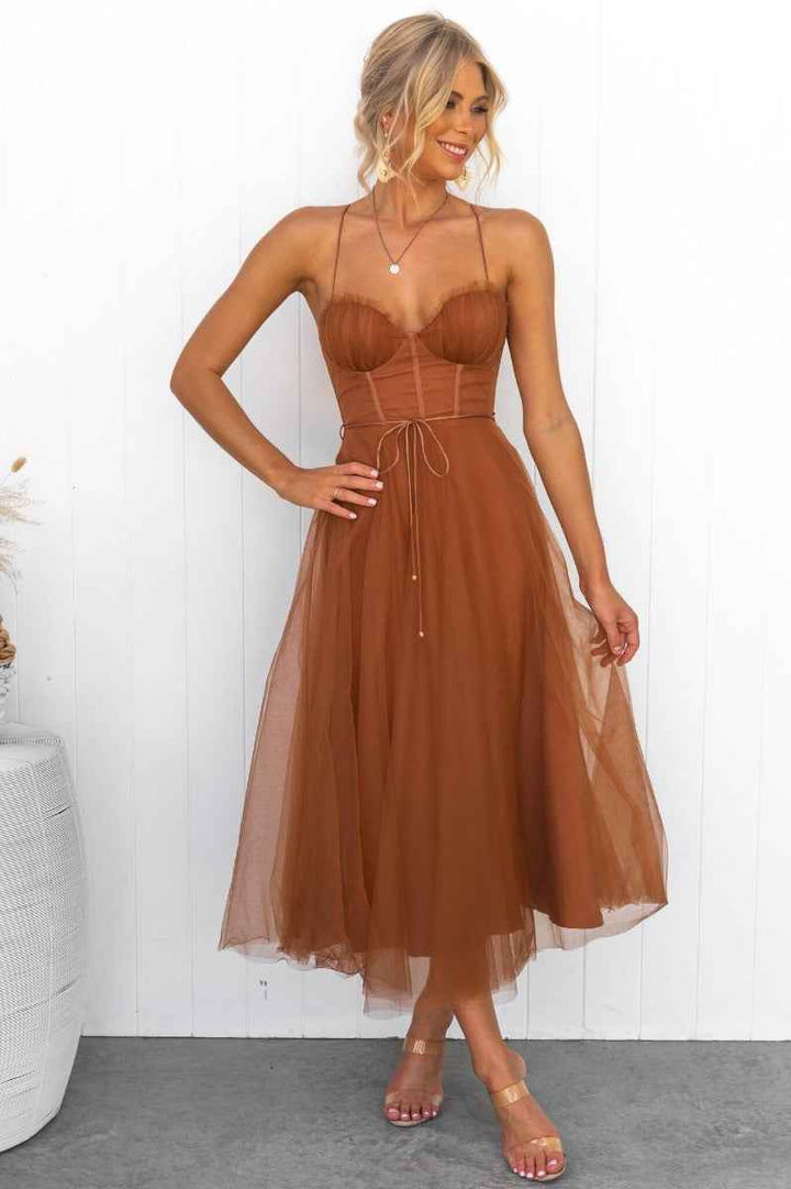 Women's Slim Fit A-Line Evening Dress – Midi Length with Mesh Overlay & Spaghetti Straps Yellow