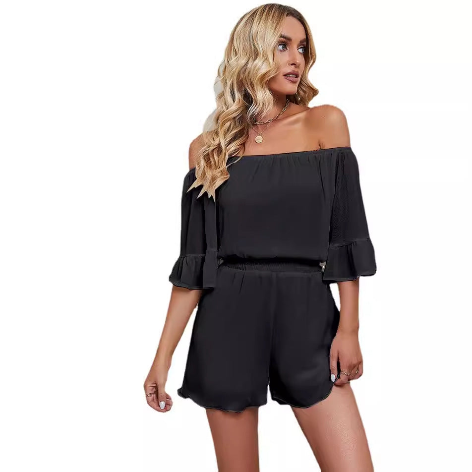 Women's Off-Shoulder Chiffon Jumpsuit with Wide Sleeves and Elastic Waist