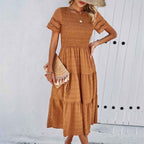 Women's Breathable Midi Dress with Smocked Bodice, Layered Skirt, and Ruffled Sleeves Brown