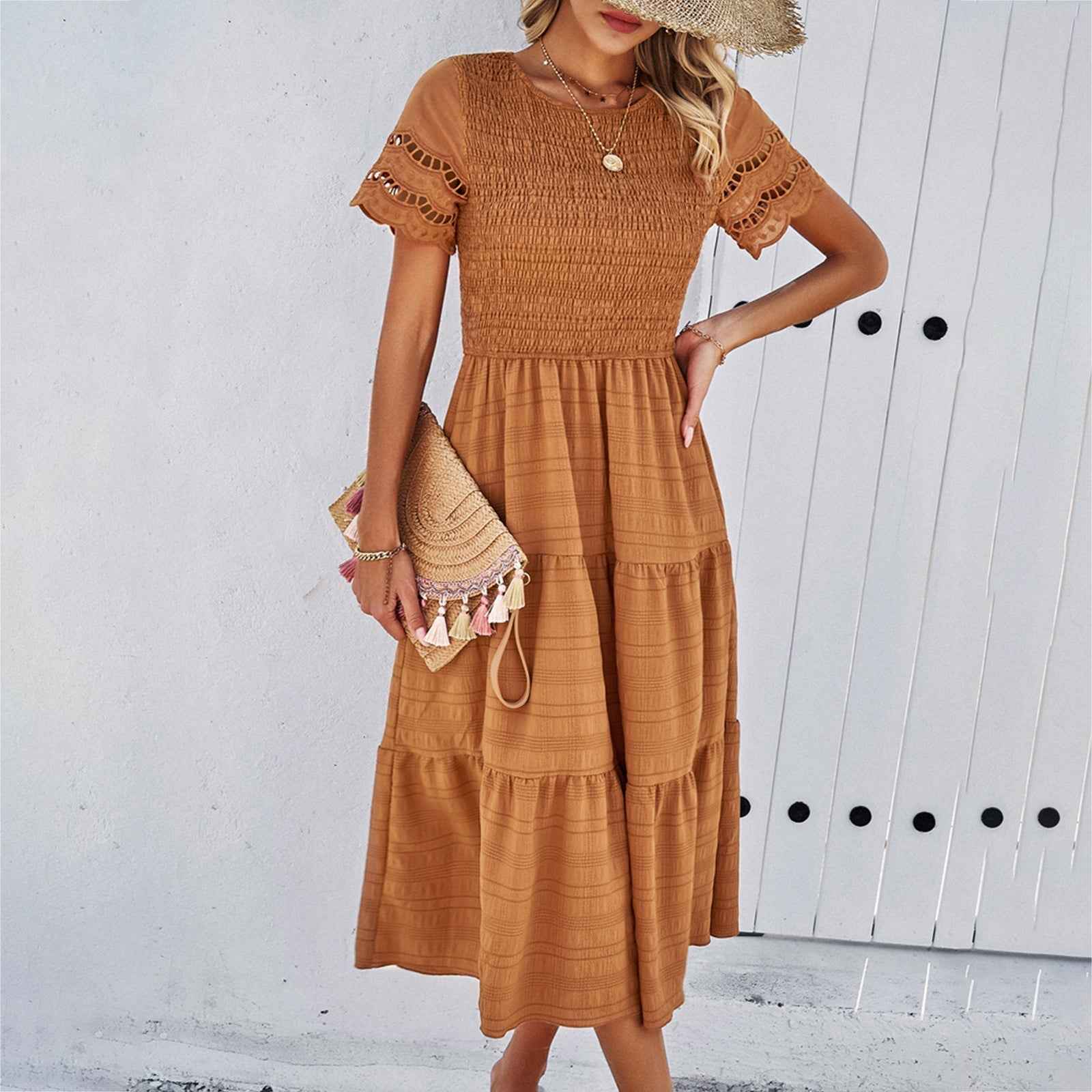 Women's Breathable Midi Dress with Smocked Bodice, Layered Skirt, and Ruffled Sleeves Brown
