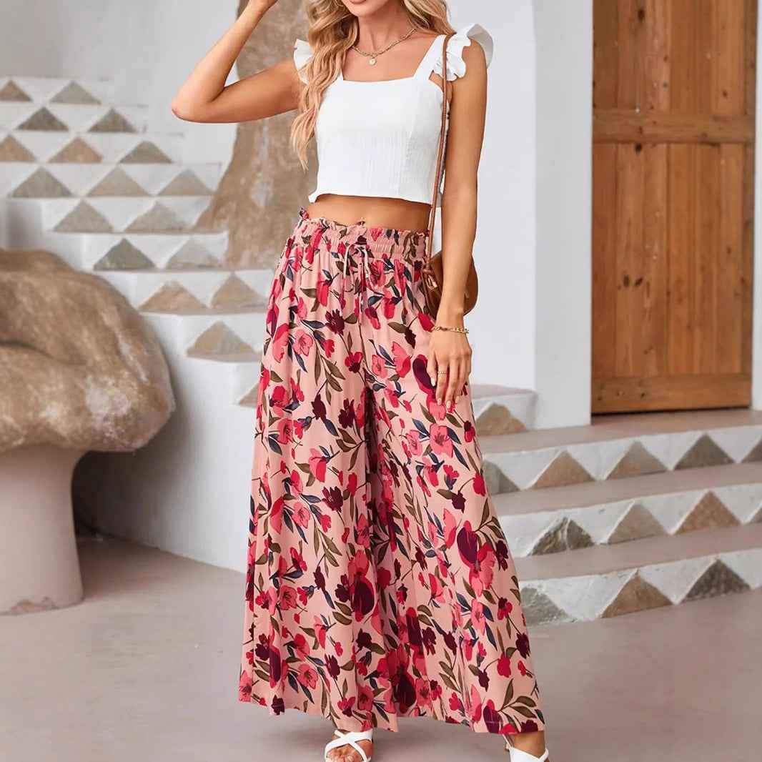 Women's Floral Print Wide Leg Chiffon Pants – High Waist with Drawstring – Full Length