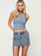 Women's Slim Fit Denim Mini Skirt with Front Pockets and Button Zip Closure Dark Blue