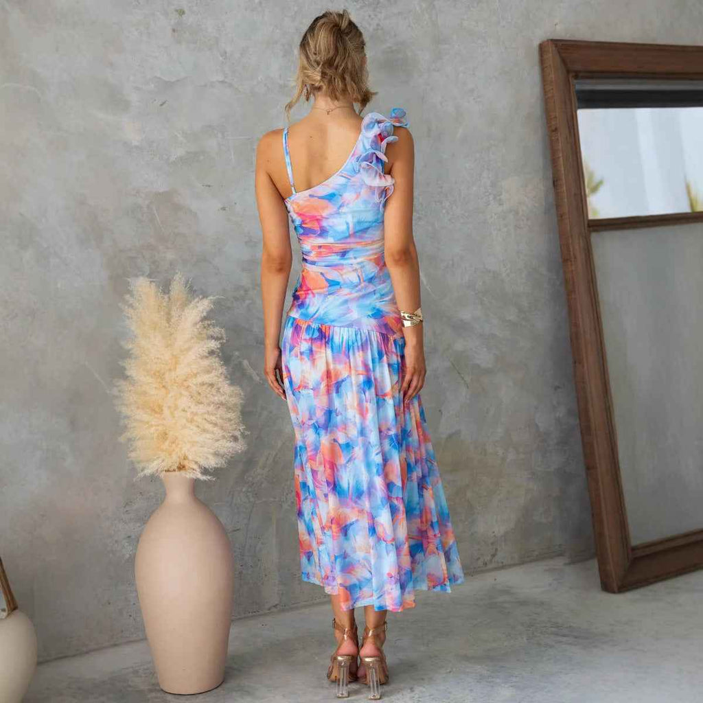 Women's Midi Dress – Slim Fit – Mesh Fabric – Spaghetti Straps & Ruffle Detail