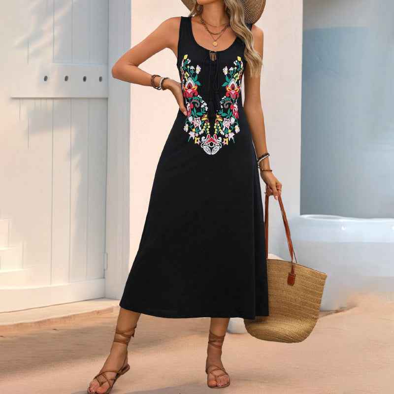 Women's Sleeveless Midi Dress - Loose Fit Cotton with Embroidered Design Black
