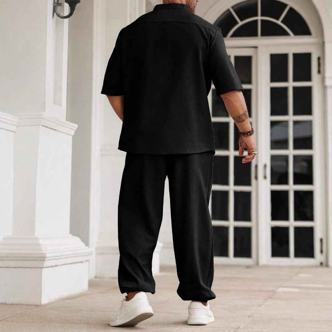 Men's Casual Outfit Set – Breathable Fabric – Relaxed Fit – Short Sleeve & Long Pants