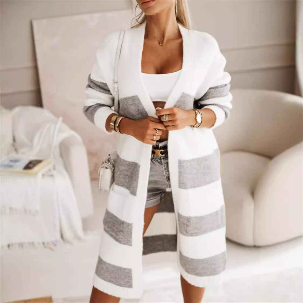 Women's Oversized Striped Knitted Cardigan – Long Open Front Style Grey