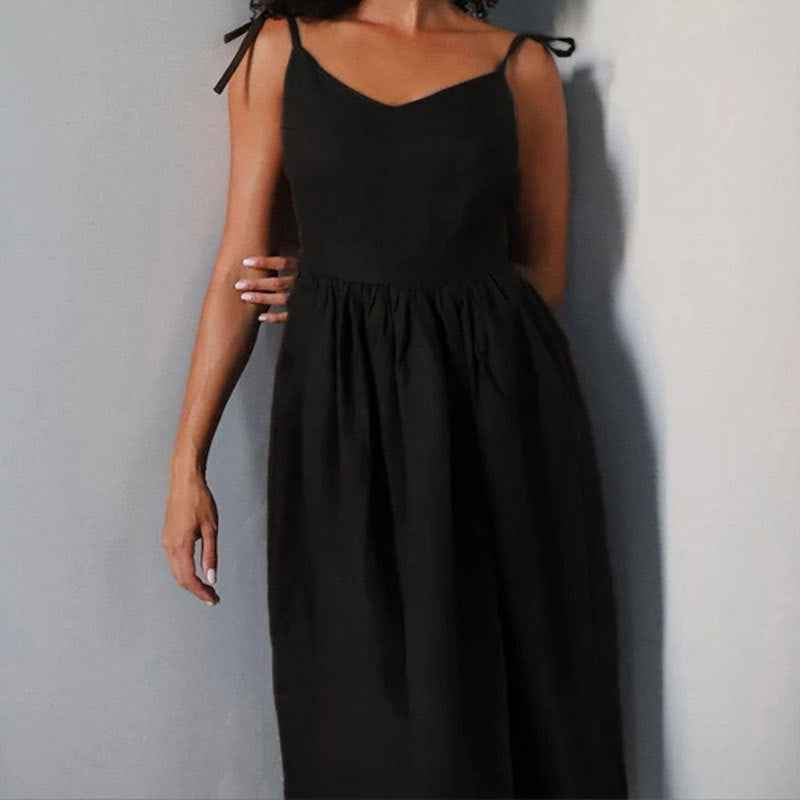 Women's A-line Midi Dress with V-neck, Open Back, Adjustable Straps, and Side Split Black