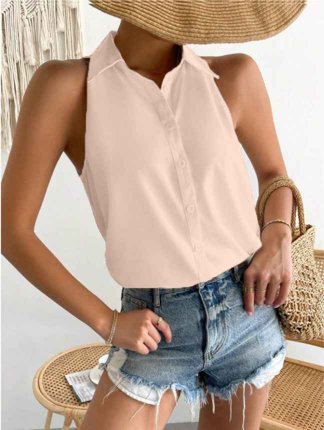 Women's Relaxed Fit Sleeveless Blouse – Shiny Luxury Fabric – Button Closure – Hip Length Off-White