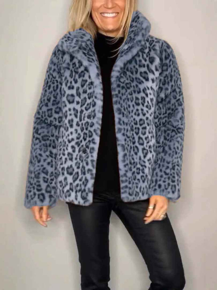 Women's Oversized Leopard Print Faux Fur Coat with Notched Collar Short Blue