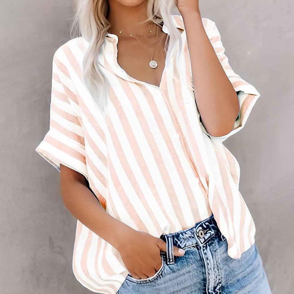 Women's Short Sleeve Striped Cotton Blouse – Relaxed Fit with Button Closure Coral Pink