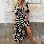 Women's A-line Midi Dress – V-neck Wrap with Pleated Sleeves & Belt