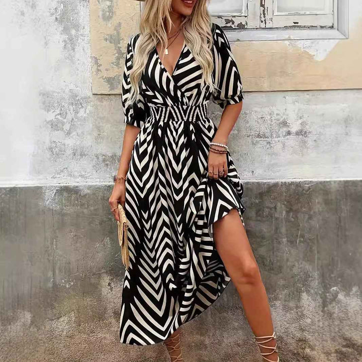 Women's A-line Midi Dress – V-neck Wrap with Pleated Sleeves & Belt
