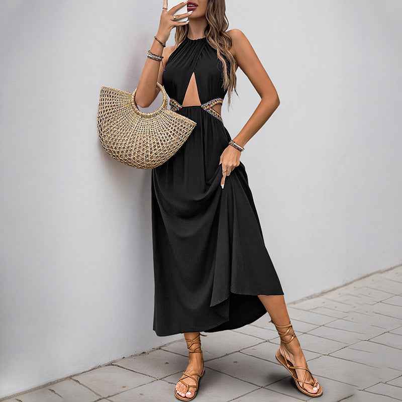 Women's Midi Halter Dress – Breathable Fabric – Waist Cut-Out & Front Knot Detail Black
