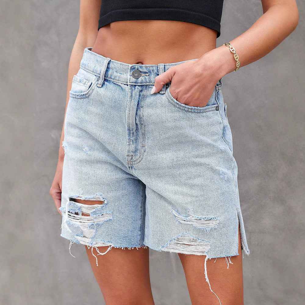 Women's Distressed Knee-Length Denim Shorts – Relaxed Fit with Slits – Casual Style Denim Blue