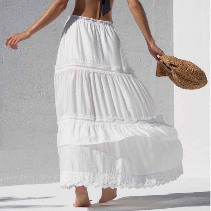 Women's Layered Maxi Skirt – Loose Fit with Lace Details and Elastic Waist White