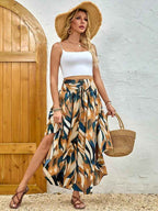 Women's Bohemian Print Maxi Skirt – Flowing A-line Design – Elastic Waist – Breathable Fabric Brown