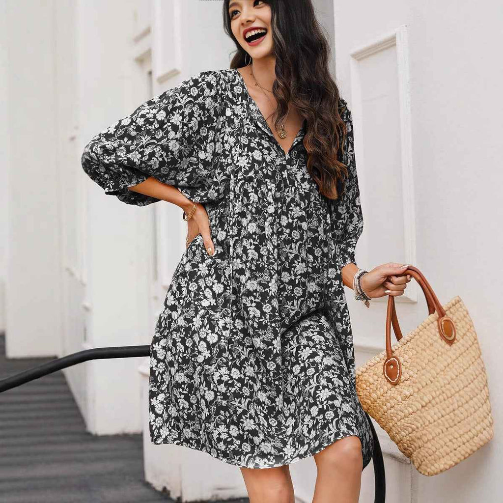 Women's Bohemian Floral Midi Dress – V-neck, Relaxed Fit, Lantern Sleeves Black