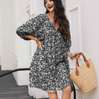 Women's Bohemian Floral Midi Dress – V-neck, Relaxed Fit, Lantern Sleeves Black