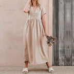 Women's Loose Fit Midi Dress – V-Neck, Button Detail, Short Sleeve – Linen Cotton