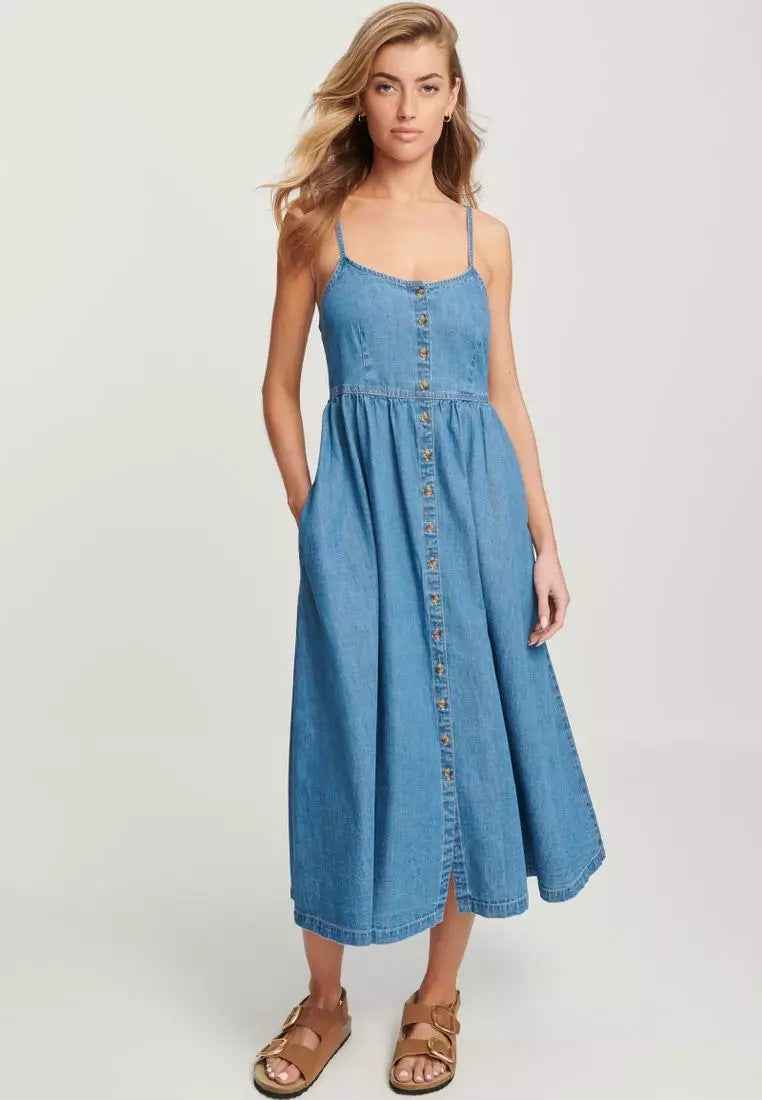 Women's A-Line Denim Midi Dress with Adjustable Straps and Elastic Back Blue