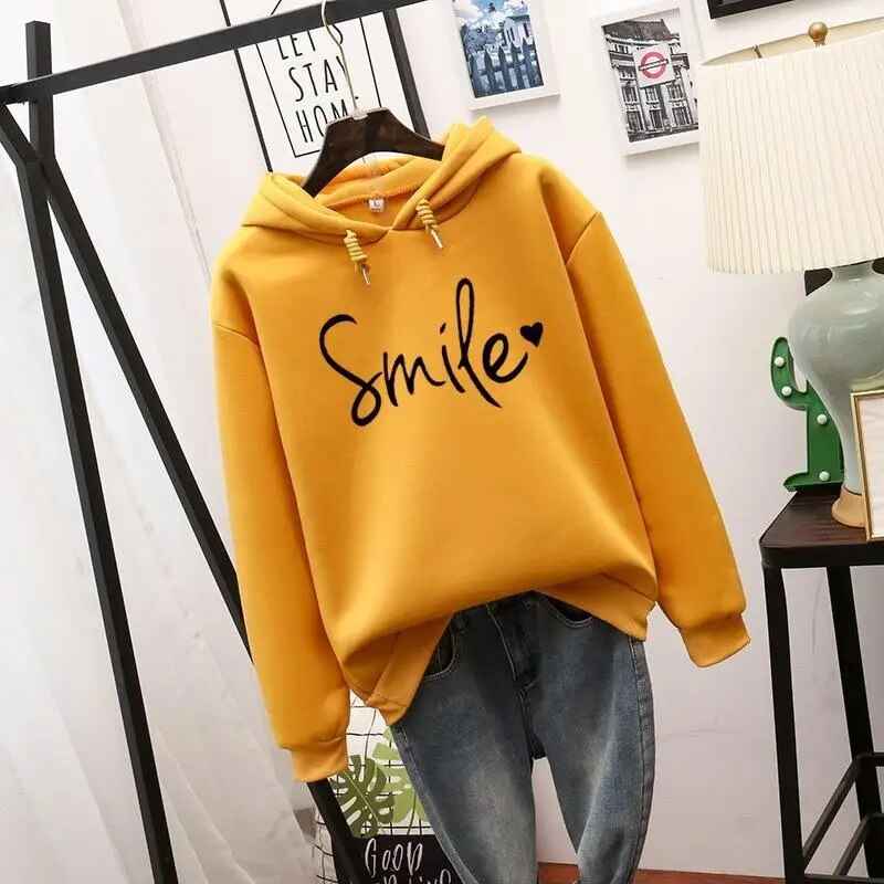 Women's Relaxed Fit Hoodie with Smile Graphic - Long Sleeve Casual Streetwear Yellow