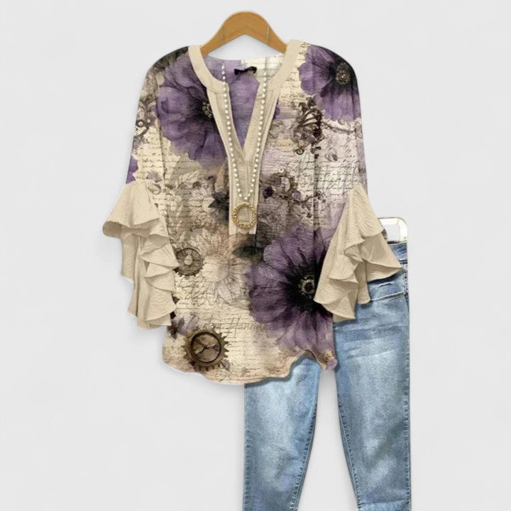 Women's Elegant Ruffle Sleeve Floral Top Beige