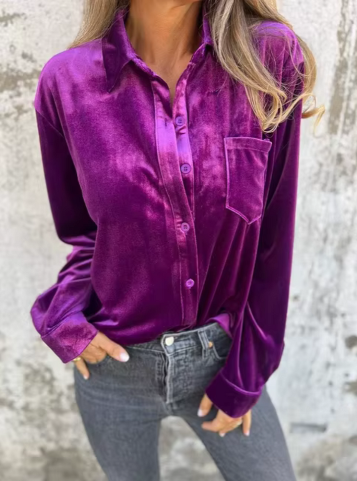 Women's Velvet Button-Up Blouse Purple