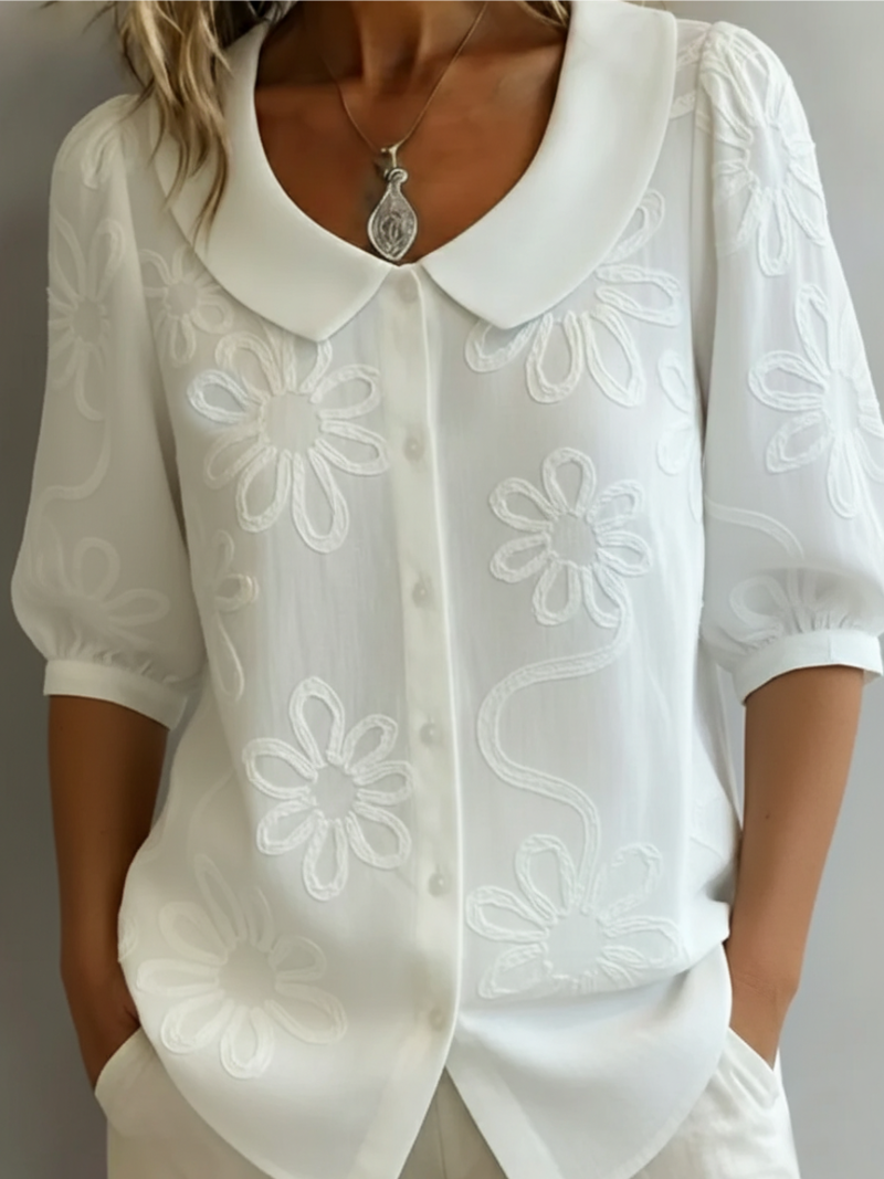 Women's Stylish Embroidered Floral Blouse White