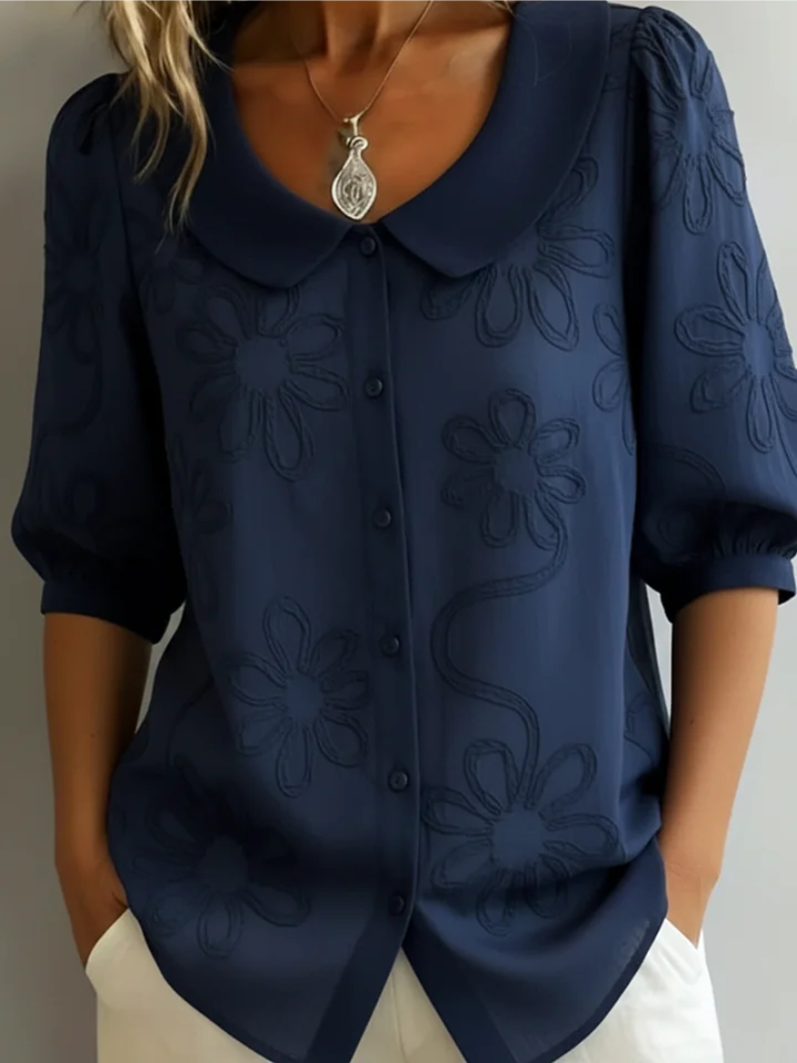 Women's Stylish Embroidered Floral Blouse Navy Blue