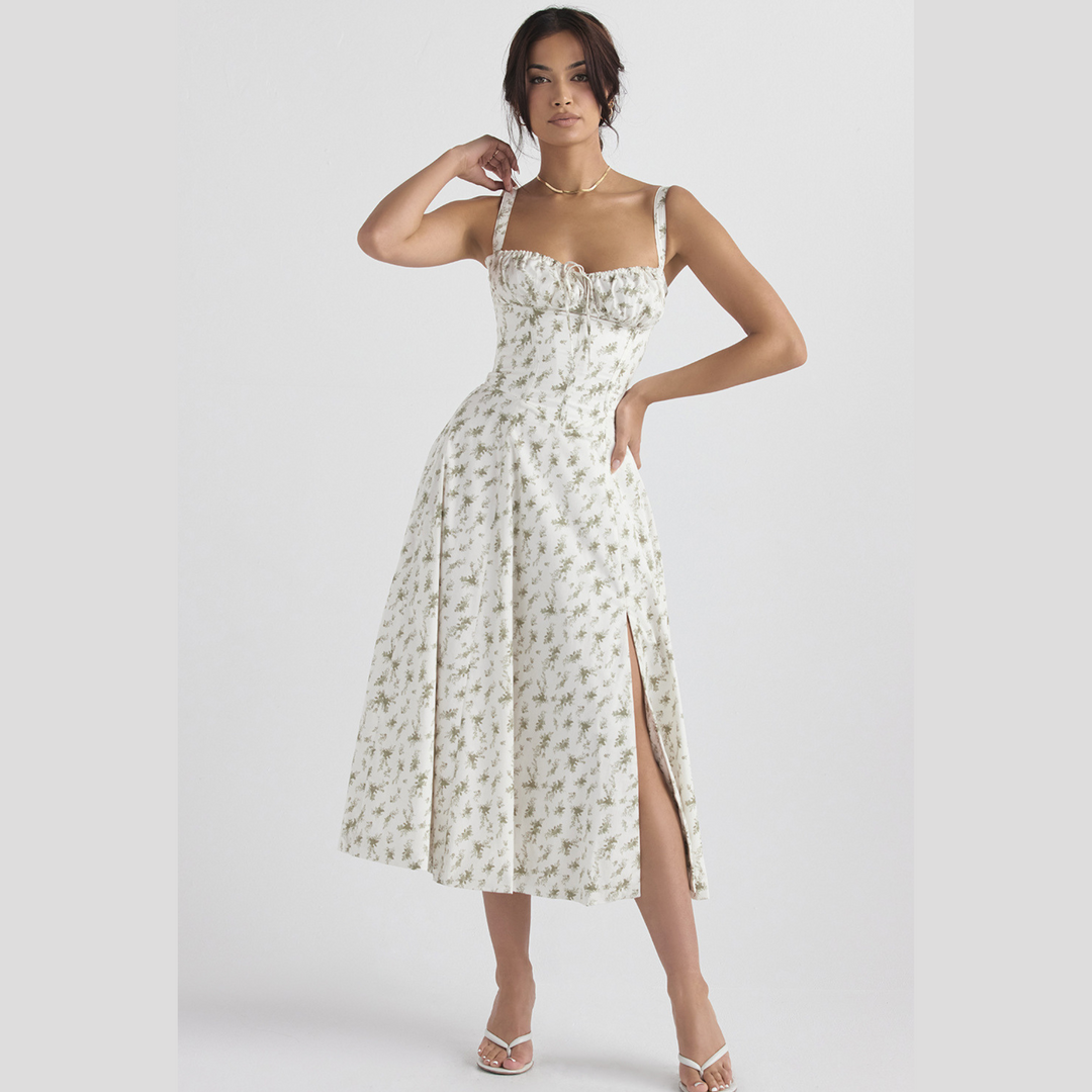 Sally | Spring Dress - Floral Print Party Dress Green - Flower Print