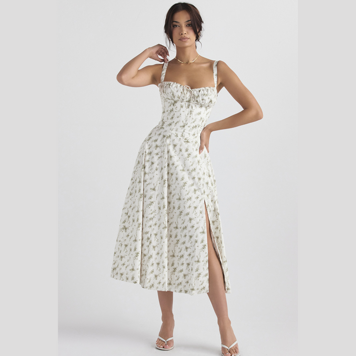 Sally | Spring Dress - Floral Print Party Dress Green - Flower Print