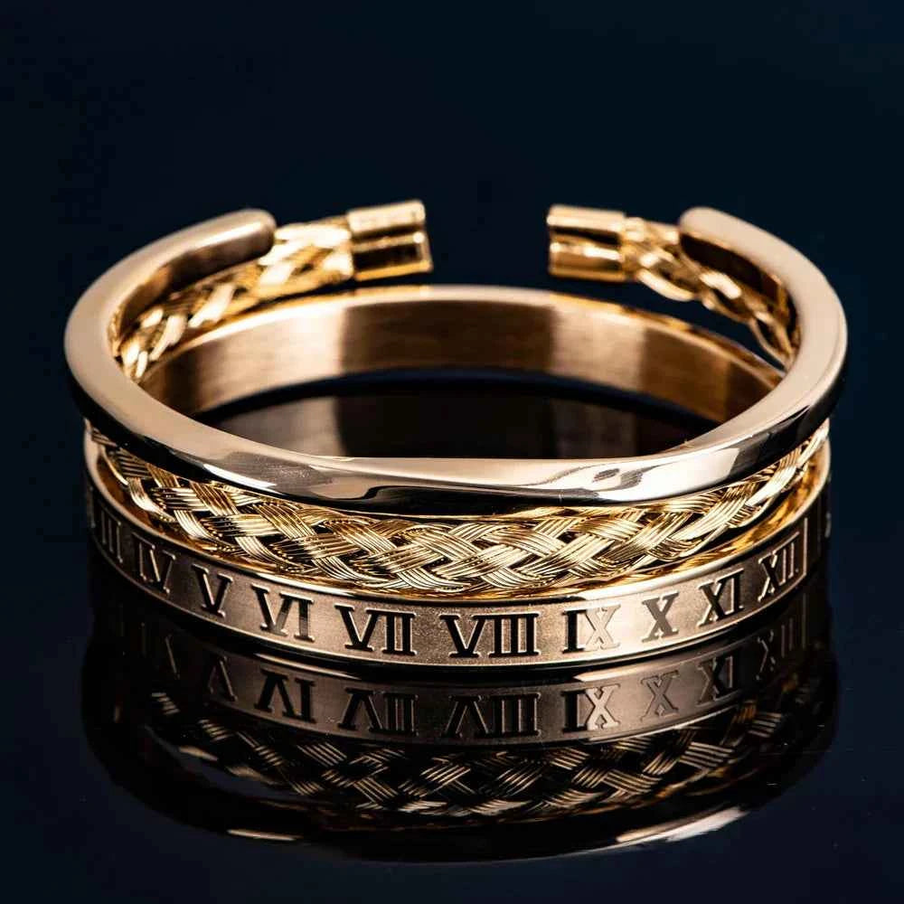 Open Design Cuff Bracelet Set | Polished Finish - 3 Pieces Gold