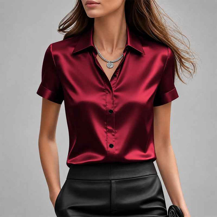 Women's Satin-Look Short Sleeve Button-Down Blouse