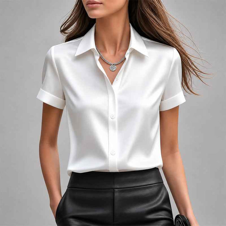 Women's Satin-Look Short Sleeve Button-Down Blouse