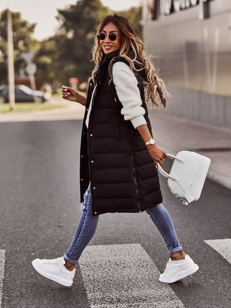 Women's Long Hooded Quilted Puffer Vest for Winter